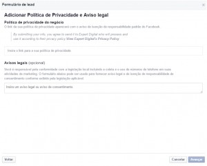 Política de Privacidade e Aviso legal - Facebook Leads Ads