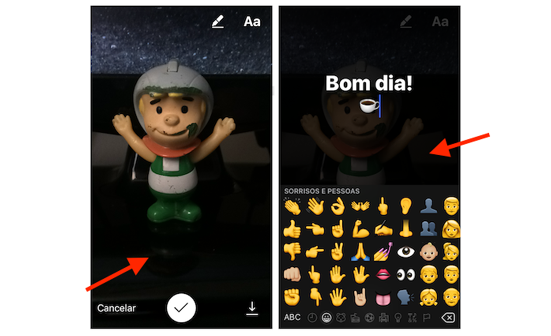 Adicionando texto e emojis em uma nova história do Instagram